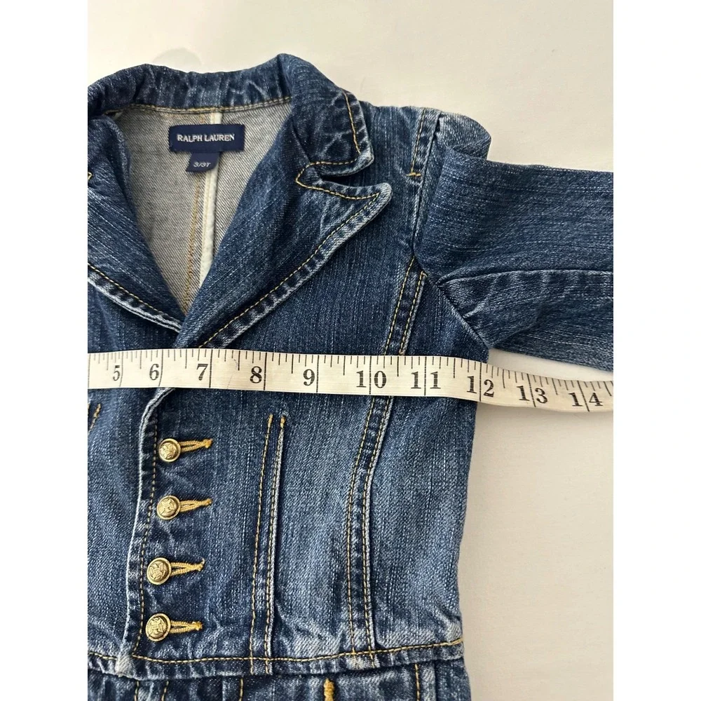 Ralph Lauren Toddler Girls Denim Military Jacket Blue Gold Crest Buttons 3/3T